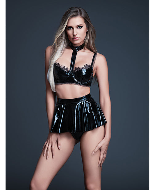 Allure Naughty Nights Latex Look Vinyl and Lace Choker Bra &amp; Mini Skirt 2 pc Set - Black LG