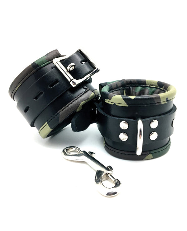 The Soft Hum Sensual Sin Leather Padded Ankle Cuffs - Camo Piping