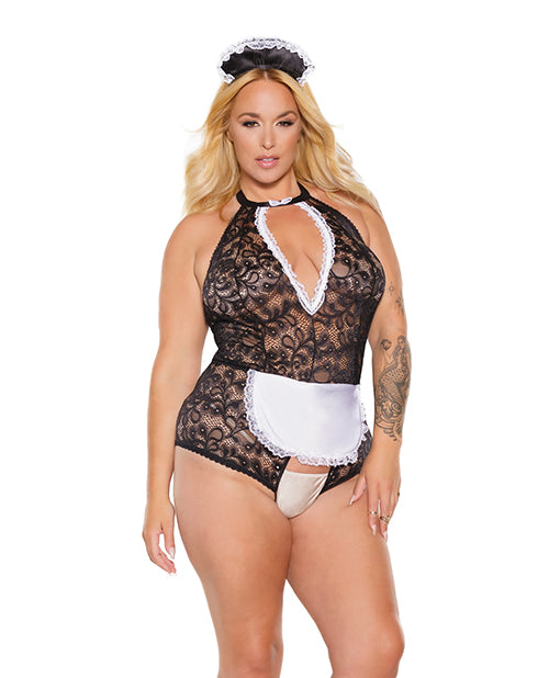 The Soft Hum Scallop Stretch Lace Crotchless Maid Teddy w/Headpiece Black/White OS/XL