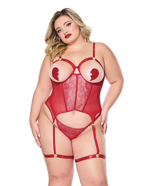 The Soft Hum Metallic Stretch Scallop Lace and Mesh Bustier w/Thong - Red 1X/2X