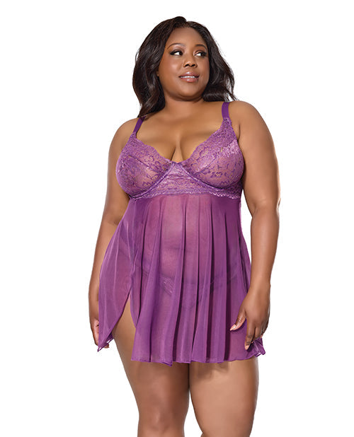 The Soft Hum Metallic Stretch Lace &amp; Mesh Babydoll w/Thong - Purple 1X/2X