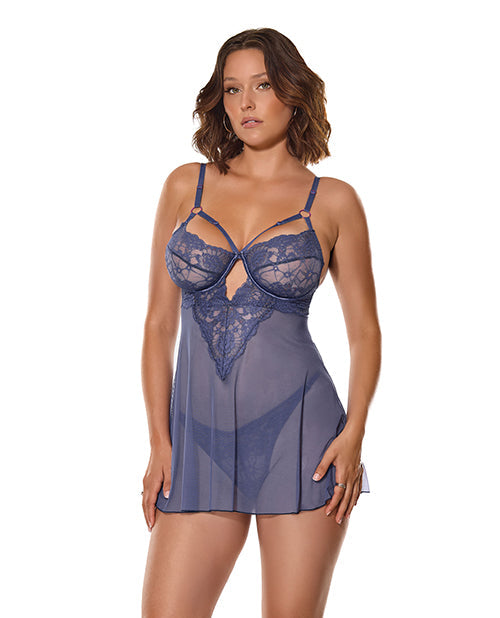 The Soft Hum Twilight Fever Lace &amp; Mesh Babydoll w/G-String - Navy XL