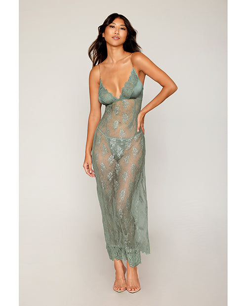 Eyelash Lace &amp; Satin Long Chemise w/G-String - Sage Green XL