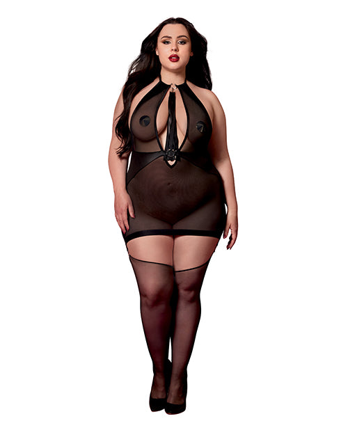 The Soft Hum Stretch Mesh and Faux Leather Gartered Chemise w/Removable Flogger - Black QN