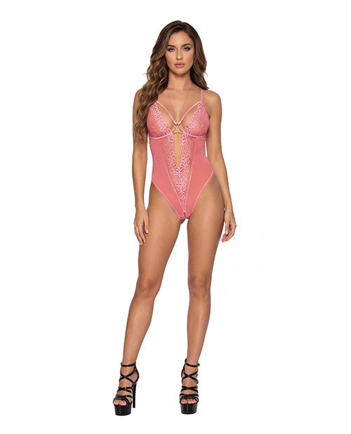Coral Kiss Open Crotch Teddy w/Necklace Detail - Coral MD