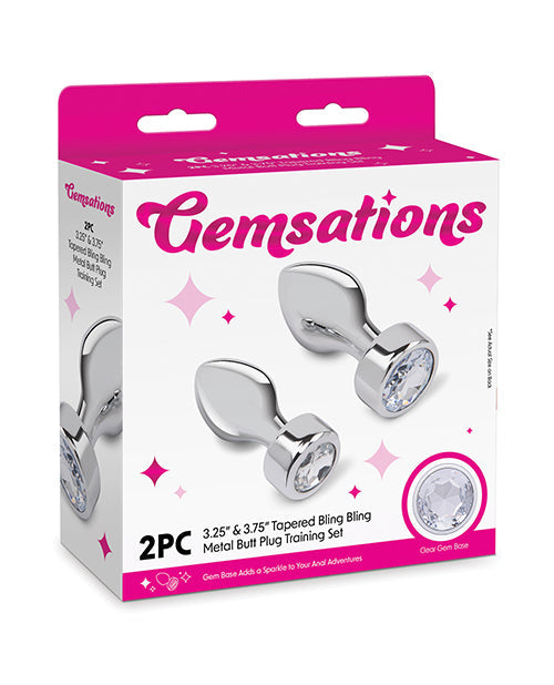 The Soft Hum Gemsations 2 pc 3.25" &amp; 3.7" Tapered Bling Bling Metal Butt Plug Training Set - Silver