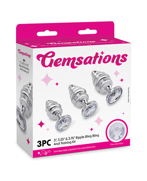 The Soft Hum Gemsations 3 pc 2.95" &amp; 3.25" &amp; 3.7" Ripple Bling Bling Metal Butt Plug Training Set - Si