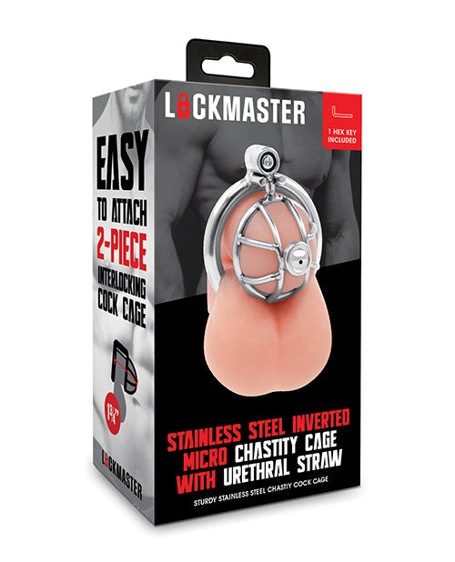 The Soft Hum Lockmaster Stainless Steel Inverted Micro Chastity Cage w/Urethral Straw - Silver