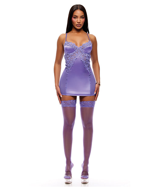 See It Through Guipure Lace Chemise w/Thong & Stockings - Purple MD