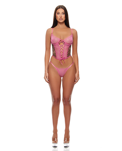 Animal Instincts Mesh Bustier & Panty 2 pc Set - Pink Leopard MD
