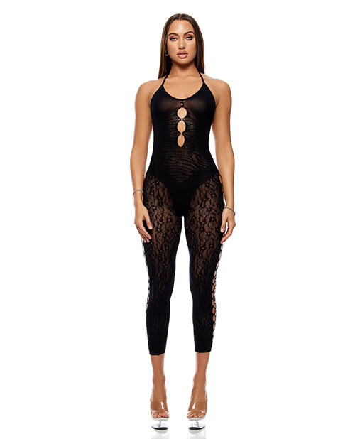 The Soft Hum Cross Your Mind Capri Floral Knit Bodystocking w/Rhinestone Details - Black QN