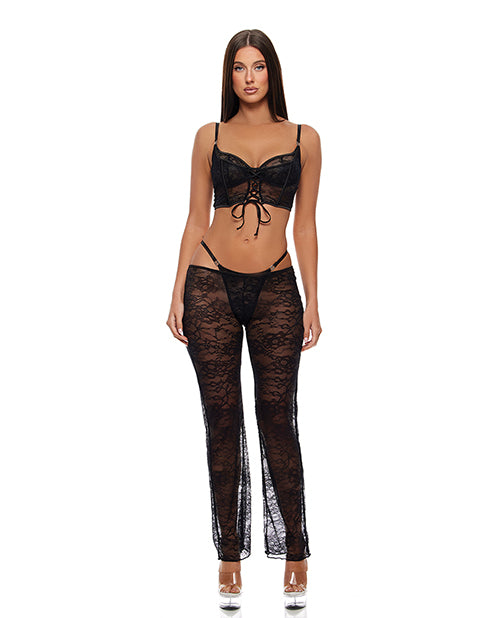 Layer of Seduction Lace Bra, Thong, &amp; Pants 3 pc Set - Black LG