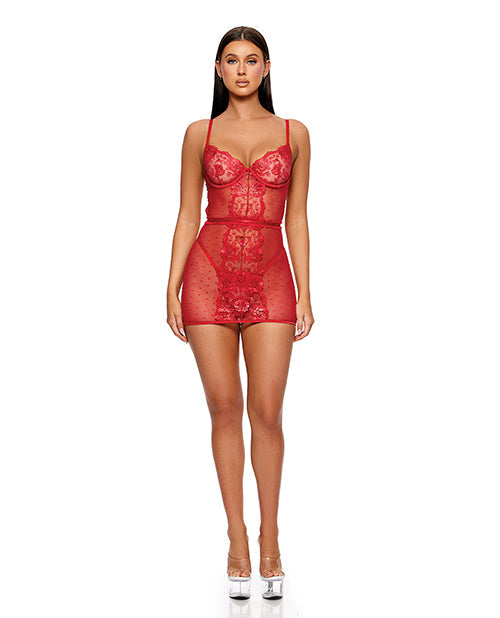 La Vie En Rose Metallic Embroidered Chemise, Panty &amp; Belt 3 pc Set - Red XL