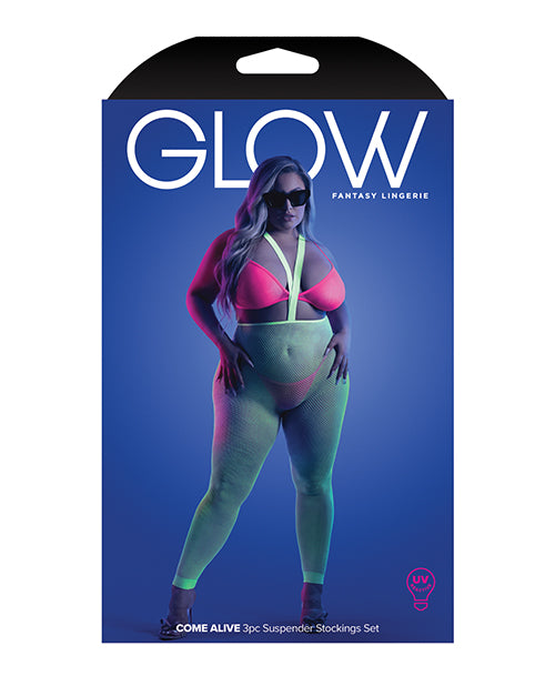 Glow Come Alive Suspender Stockings, Bralette &amp; G-String Multi Color QN