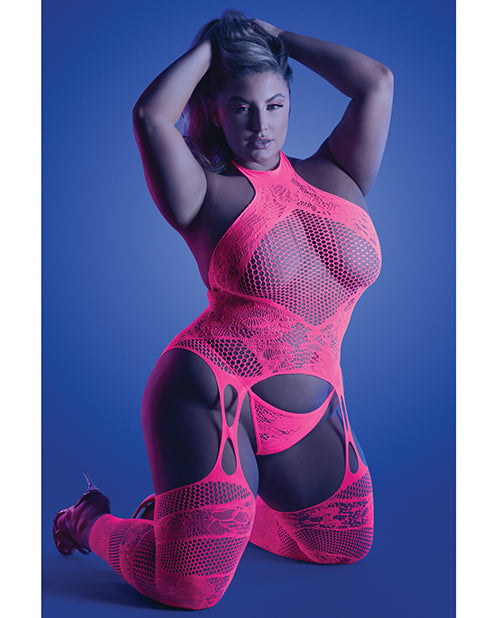 The Soft Hum Glow Captivating Halter Bodystocking &amp; G-String Neon Pink QN