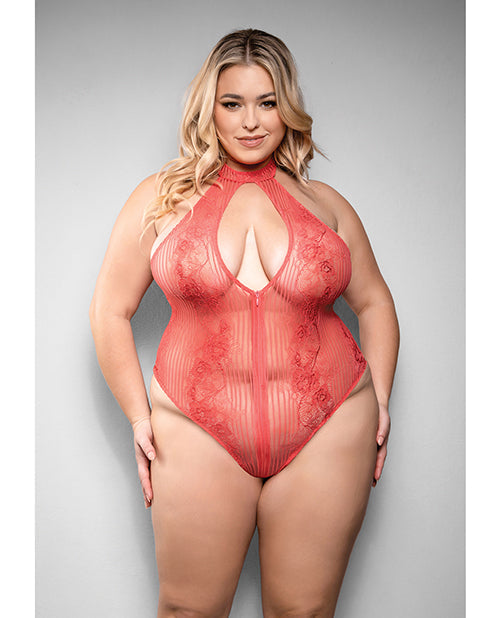 The Soft Hum Temptress Calliope Striped Sheer Floral Lace Zippered Teddy - Coral 1X/2X