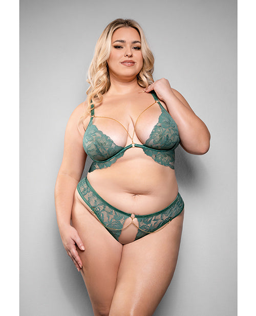The Soft Hum Temptress Aerin Lace Bra w/Removable Chain &amp; Panty 2 pc Set - Green 1X/2X