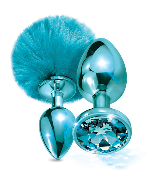 The Soft Hum Nixie Metal Butt Plug Set w/Jewel Inlaid &amp; Pom Pom - Blue Metallic