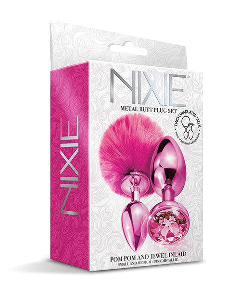 The Soft Hum Nixie Metal Butt Plug Set w/Jewel Inlaid &amp; Pom Pom - Pink Metallic