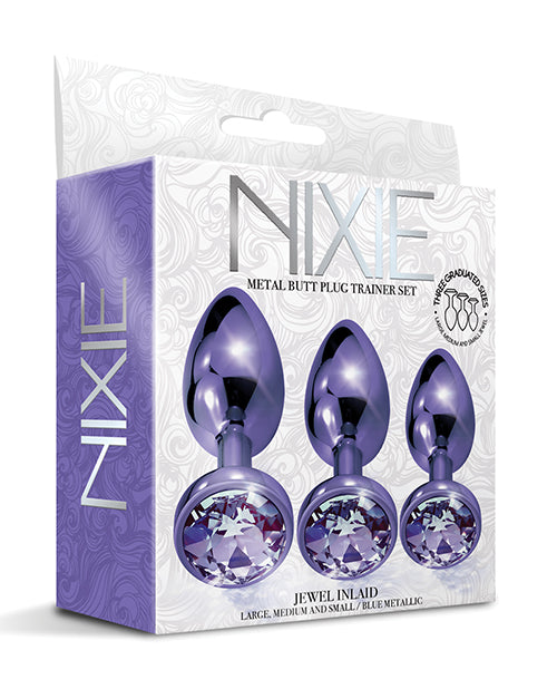 The Soft Hum Nixie Metal Butt Plug Trainer Set w/Inlaid Jewel - Purple Metallic