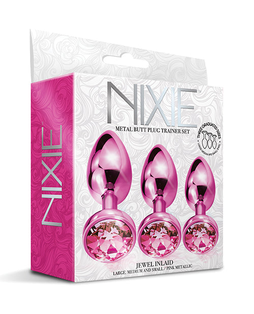 The Soft Hum Nixie Metal Butt Plug Trainer Set w/Inlaid Jewel - Pink Metallic