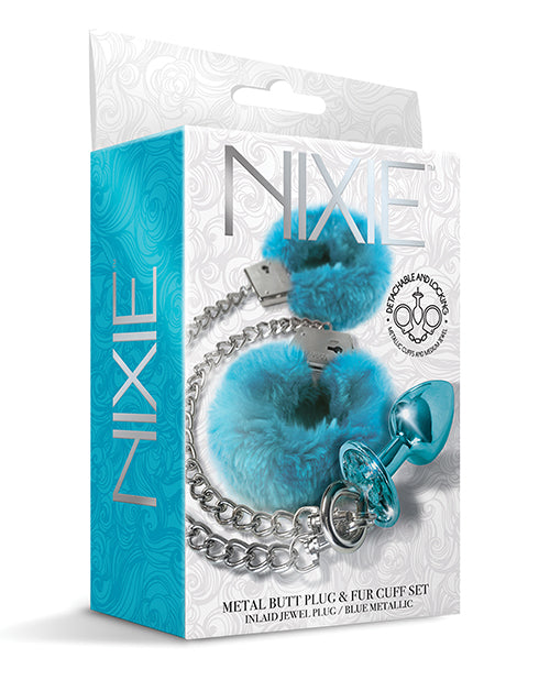 The Soft Hum Nixie Metal Butt Plug w/Inlaid Jewel &amp; Fur Cuff Set - Blue Metallic