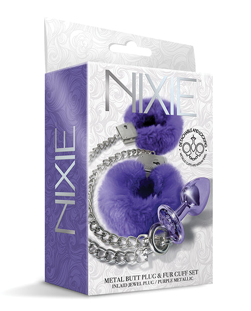 The Soft Hum Nixie Metal Butt Plug w/Inlaid Jewel &amp; Fur Cuff Set - Purple Metallic