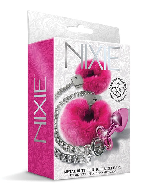 The Soft Hum Nixie Metal Butt Plug w/Inlaid Jewel &amp; Fur Cuff Set - Pink Metallic
