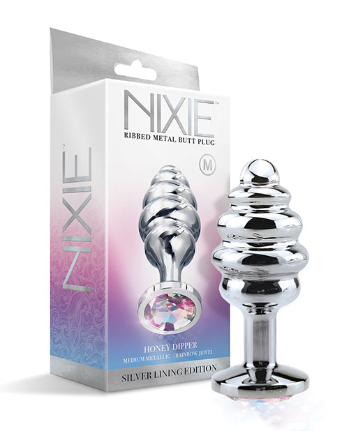 The Soft Hum Nixie Honey Dipper Ribbed Metal Rainbow Jeweled Butt Plug - Medium