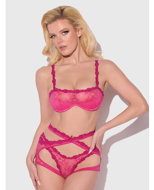 The Soft Hum Yvone Lace Bra w/Removable Straps, Garter &amp; Tanga Panty 3 pc Set - Pink SM