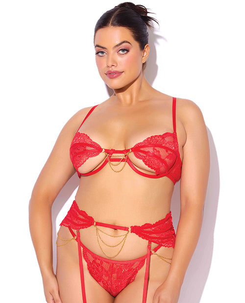 Cecily Lace Cut-Out Bra &amp; Thong w/Garter Straps - Red 3X/4X