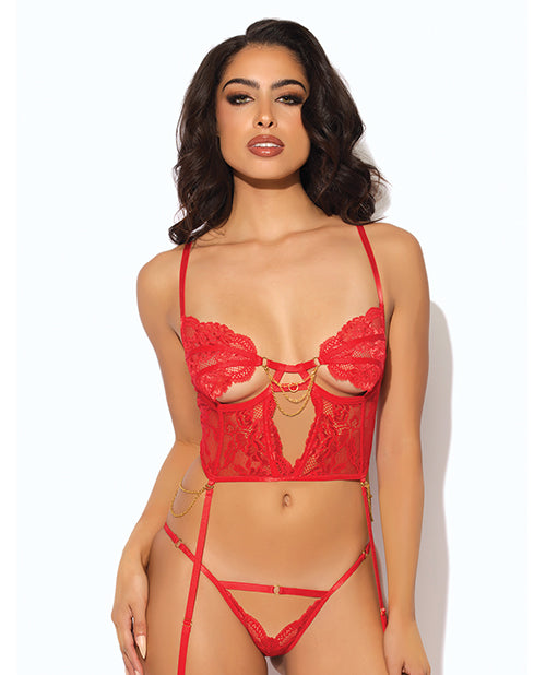 Cecily Lace &amp; Mesh Bustier w/Thong &amp; Garter Straps - Red XL