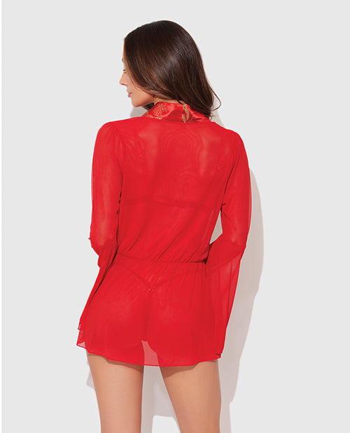 Dragon Sheer Mesh Robe w/Satin Triangle Top &amp; G-String 3 pc Set - Red SM