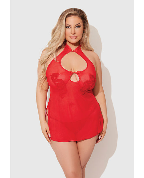 Dragon Mesh &amp; Applique Chemise w/G-String 2 pc Set - Red 3X/4X