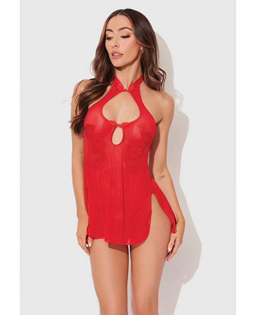 Dragon Mesh &amp; Applique Chemise w/G-String 2 pc Set - Red LG