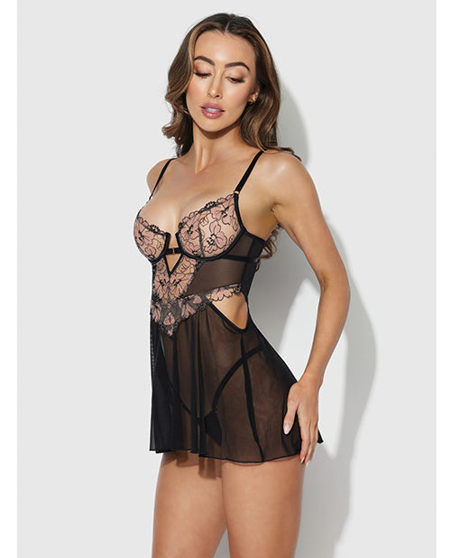 Nova Lace &amp; Mesh Babydoll w/G-String 2 pc Set - Black MD
