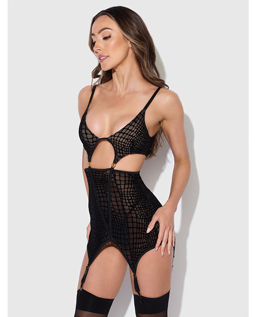 Snake Velvet-Burnout Mesh Chemise &amp; G-String Set - Black SM
