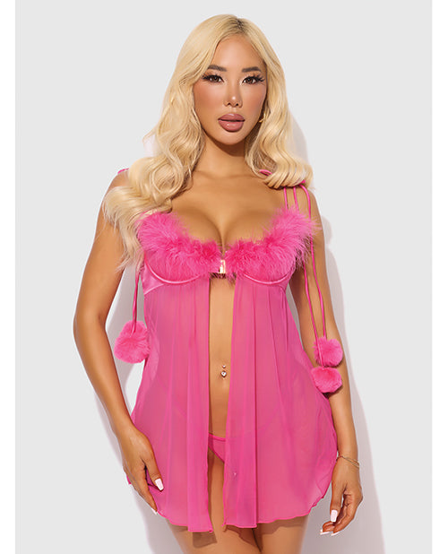 Marilyn Marabou &amp; Mesh Babydoll &amp; G-String Set - Pink 1X/2X