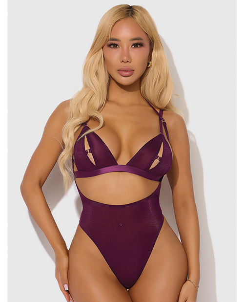 Yasmine Shimmer Mesh Slit Cup, Backless Teddy &amp; Bralette Set - Burgundy MD