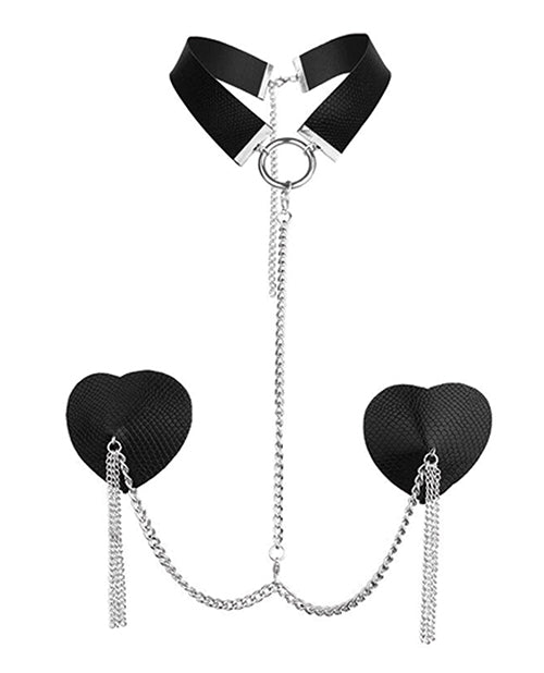 The Soft Hum Nipplicious Dominatrix Leather Collar &amp; Pasties w/Chain - Black
