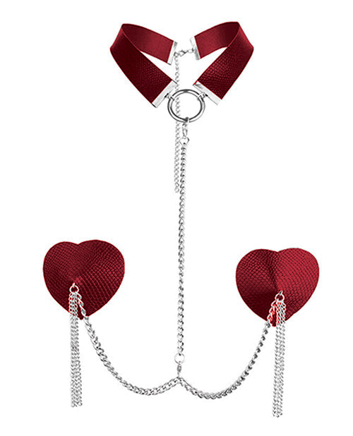 The Soft Hum Nipplicious Dominatrix Leather Collar &amp; Pasties w/Chain - Red