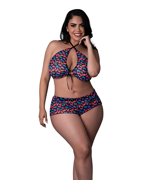 Hazy Dayz Gummy Bear Blacklight Reflective Halter Top &amp; Short 2 pc Set - Multi QN