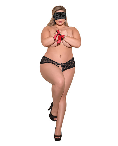 The Soft Hum Love &amp; Bondage Split Back Lace Booty Short, Blindfold &amp; Wrist Ties Black QN