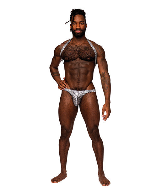 The Soft Hum Snaked Metallic Coated Shoulder Sling Harness Thong Silver/Black S/M