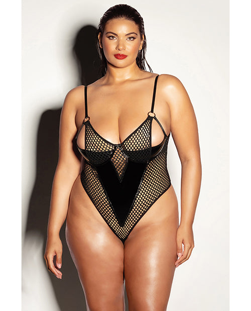 FETISH Frisky Fishnet &amp; Vinyl Shelf Cup Peek A Boo Teddy Black 1X
