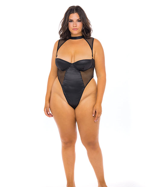 The Soft Hum Josephine High Leg Teddy w/Removable Fishnet Collared Harness Black 3X