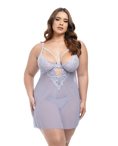 The Soft Hum Elsie Lace &amp; Mesh Underwire Babydoll w/G-String 2 pc Set - Brunnera Blue 1X/2X