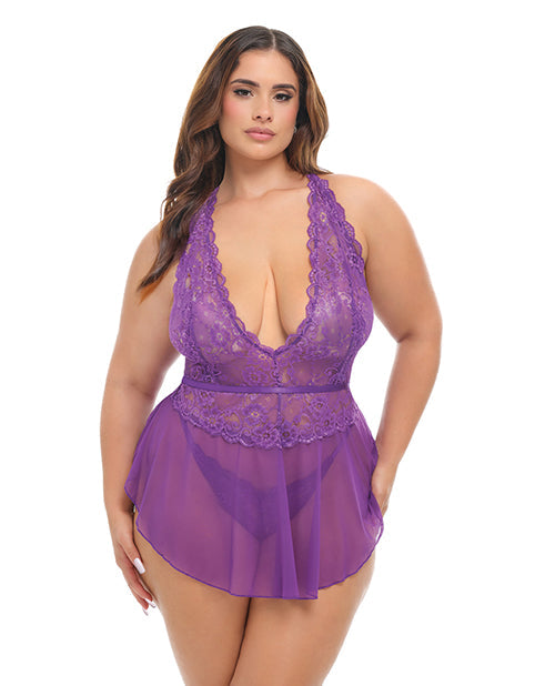 The Soft Hum Harmony V-Plunge Lace &amp; Mesh Babydoll w/G-String - Purple 1X/2X