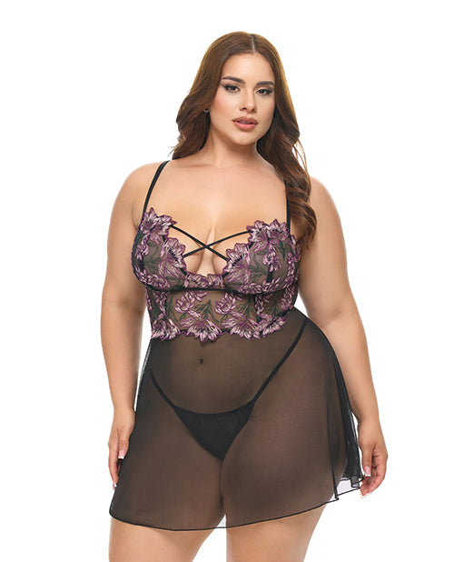The Soft Hum Adela Embroidered Boned Lace and Mesh Babydoll w/G-String 2 pc Set - Black/Pink 1X