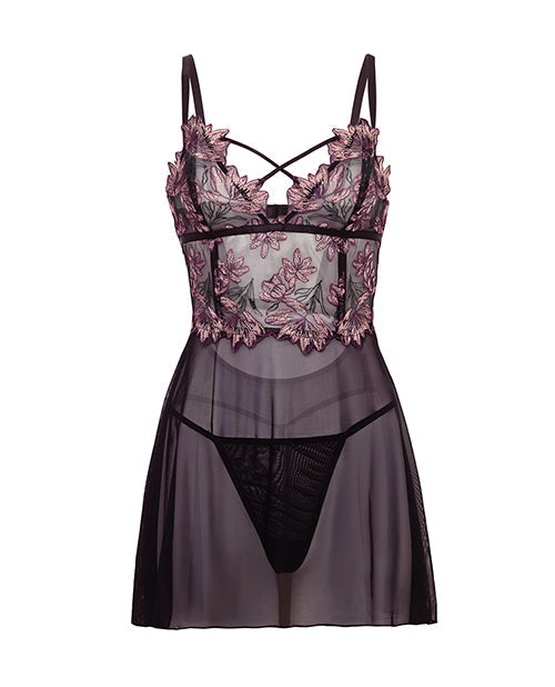 The Soft Hum Adela Embroidered Boned Lace and Mesh Babydoll w/G-String 2 pc Set - Black/Pink 2X